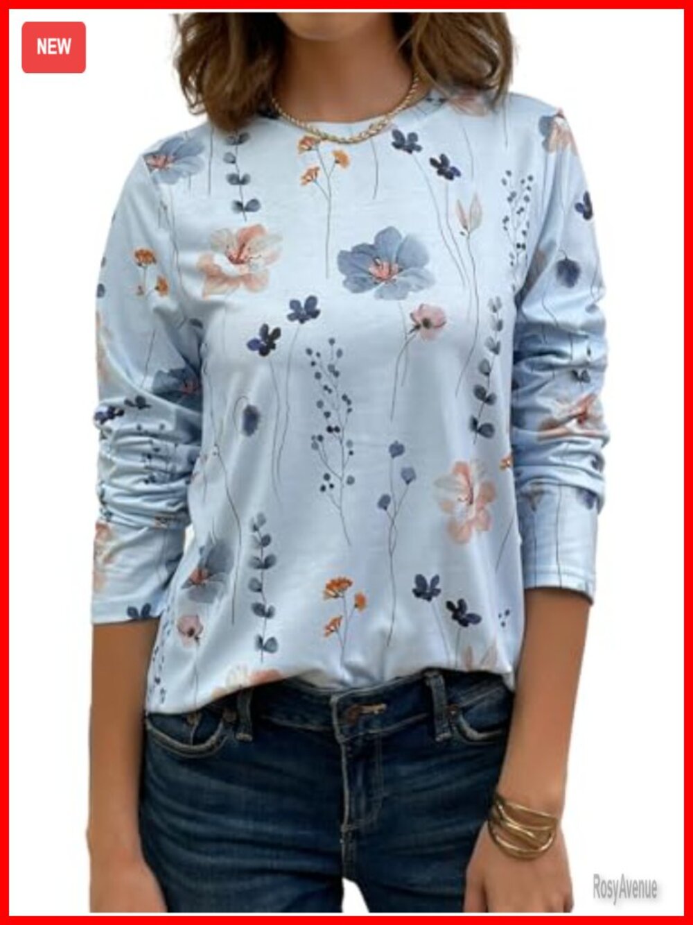 Long Sleeve Crewneck Floral Print T-Shirt Polyester Spandex
